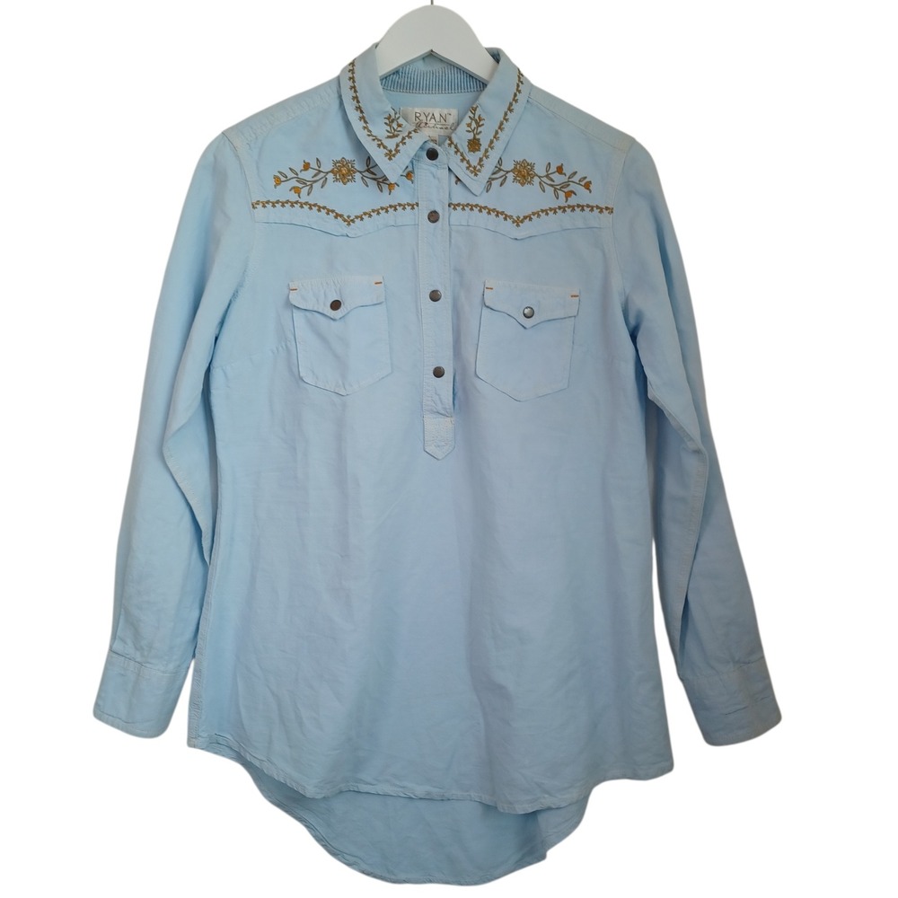 Ryan Michael Womens Light Blue Linen Cotton Embroidered Western Snap Shirt Large
